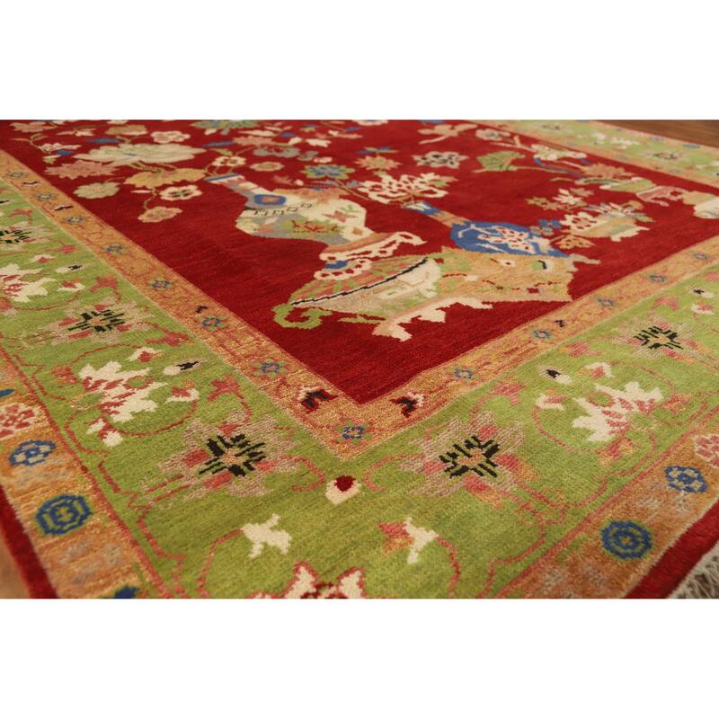 Red Pictorial Floral Heriz Serapi Indian Rug Hand-Knotted Wool Carpet - 7'11" x 10'0" - 7'11" x 10'0" - Red