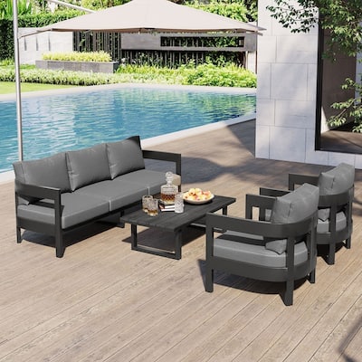 4-Piece Outdoor Conversation Seating Set with Thick Cushions, American Design Patio Iron Sectional Sofas with Coffee Table