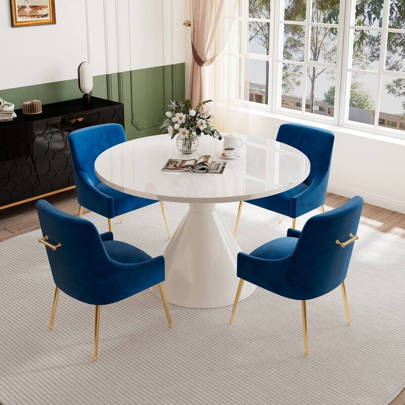 48" Light Luxury White High Gloss Large Countertop Dining Table with Velvet Dining Chair Set