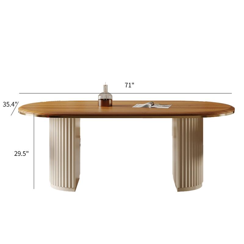 71" Mid Century Wood Rectangular Dining Table for 6, Oval Kitchen Table with double legs, Brown