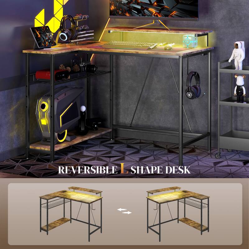 42" L Shaped Desk with LED Lights, Power Outlet, USB Charging Ports - Rustic Brown