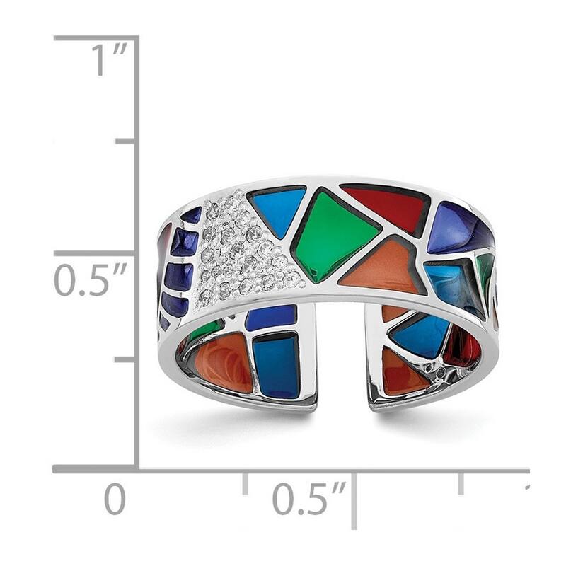 Curata 925 Sterling Silver Rhod Plated Abstract Enamel and CZ Cubic Zirconia Cuff Ring