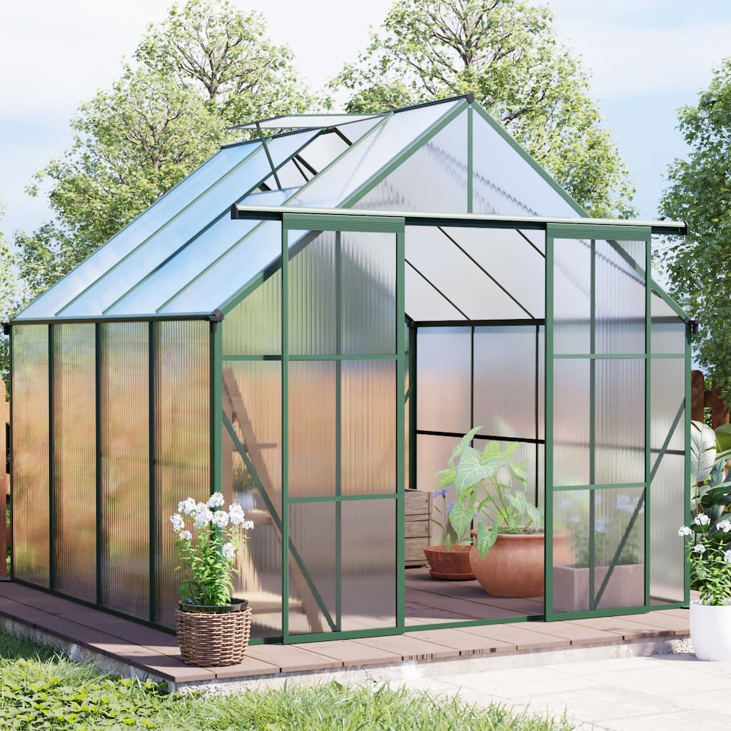 GDF Studio - Kensington Outdoor Aluminum Polycarbonate Greenhouse with Double Sliding Doors and Raised Base