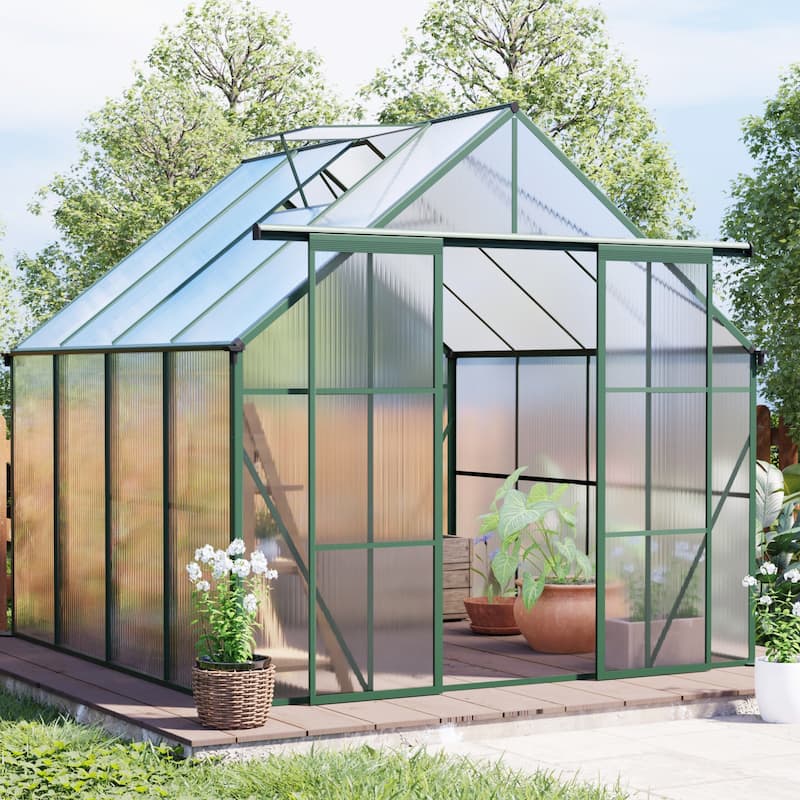 GDF Studio - Kensington Outdoor Aluminum Polycarbonate Greenhouse with Double Sliding Doors and Raised Base - 94.5" (Green)
