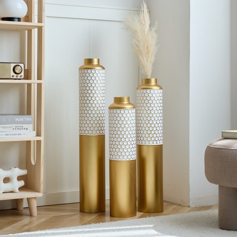 Large White Droplet Shaped Metal Vase 3-Piece Set for Modern Home