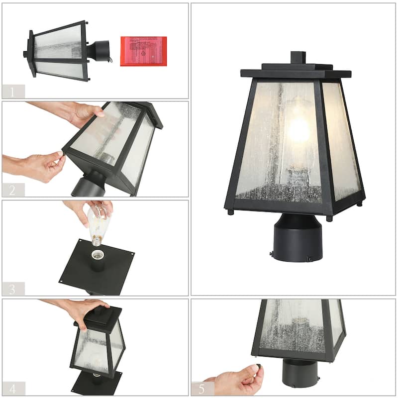 Modern Black 1-Light Outdoor Post Light Lantern for Garden Pathway - W 7" x H 13.7"