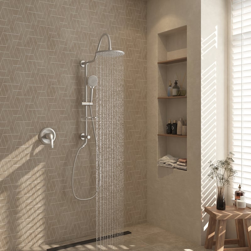 3-Spray Patterns 10 in Wall Mount Dual Shower Heads with Soap Dish and Rough-in Valve