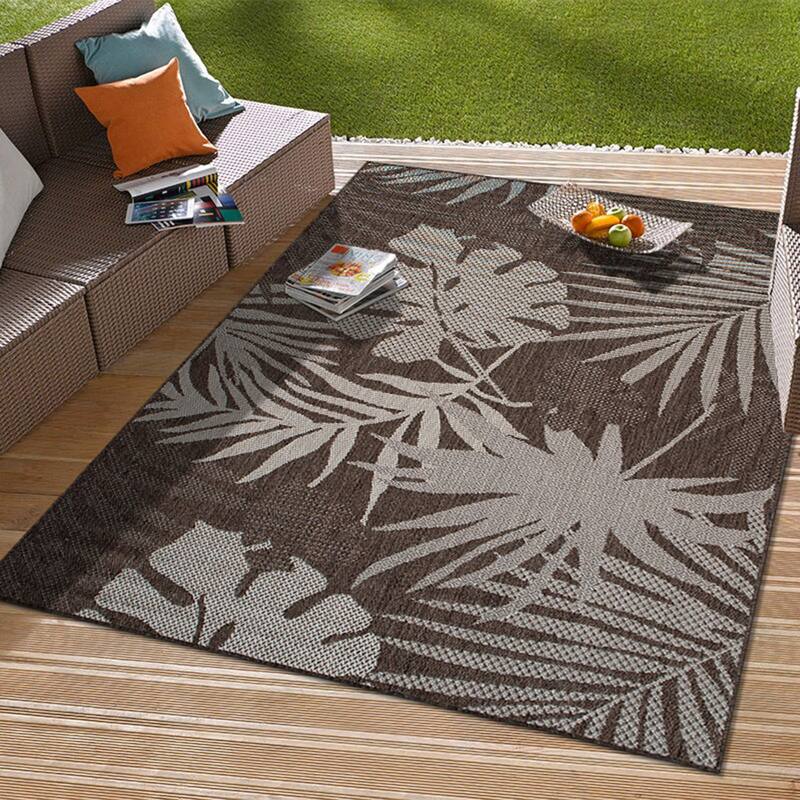 Contemporary Tropical Leaves Indoor/Outdoor Flatweave Waterproof Backyard Patio Area Rug