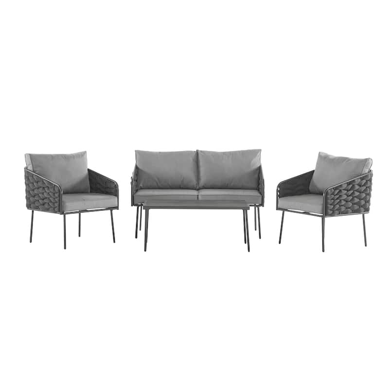 4 Piece Outdoor Conversation Furniture Set, Patio Rope Weaving Sofa Set with Waterproof Cushion and Coffee Tabl