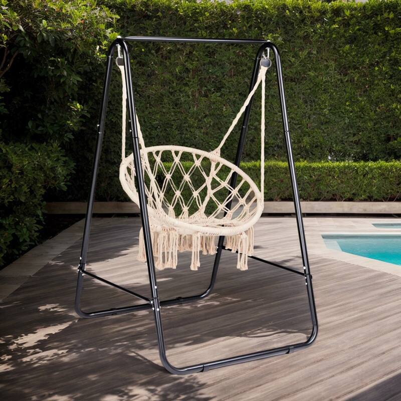 Black Hammock Chair Stand with Double-Hook and Heavy-Duty Steel A-Frame for Indoor Outdoor Setup - 40.2” x 36.2” x 59.1”