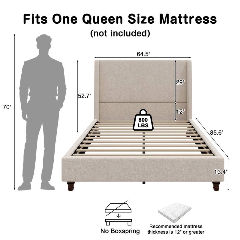 Christopher Knight Home - Modern 52.7" Tall Wingback Boucle Upholstered Platform Bed Frame with Solid Wood Legs & Slat Support