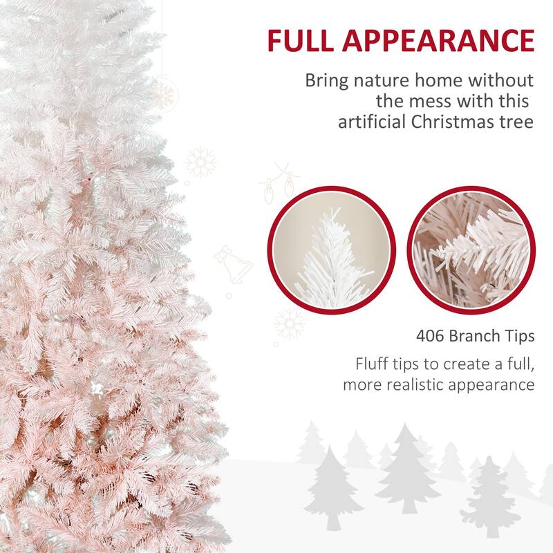 6ft Slim Pencil Christmas Tree, Pink and White Gradient, Realistic Branches & Sturdy Steel Base
