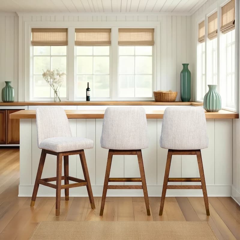 Amalie Upholstered Bar Stool, Swivel Counter Chair with Solid Wood Frame - Set of 3 - Brown & Beige Fabric - Bar Height