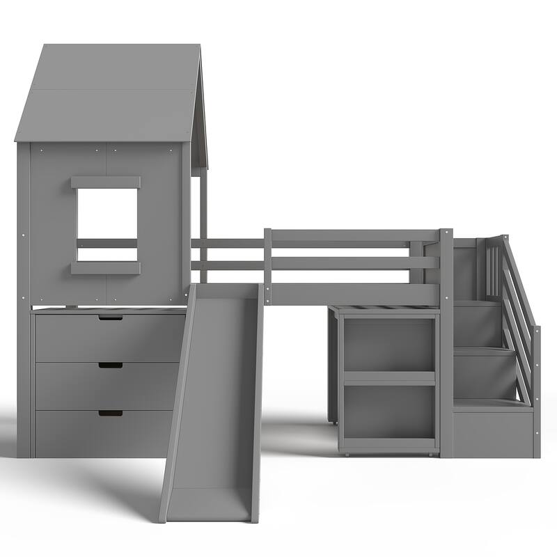 Twin Loft Bed with Storage Cabinets and Removable Desk, Kids House Loft Bed with Slide and Stairs, Childlike