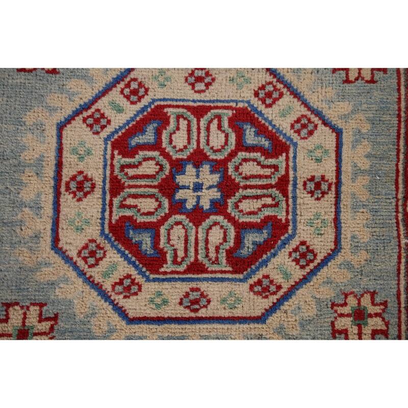 Geometric Kazak Oriental Runner Rug Hand-Knotted Grey Wool Carpet - 2'7" x 16'0"