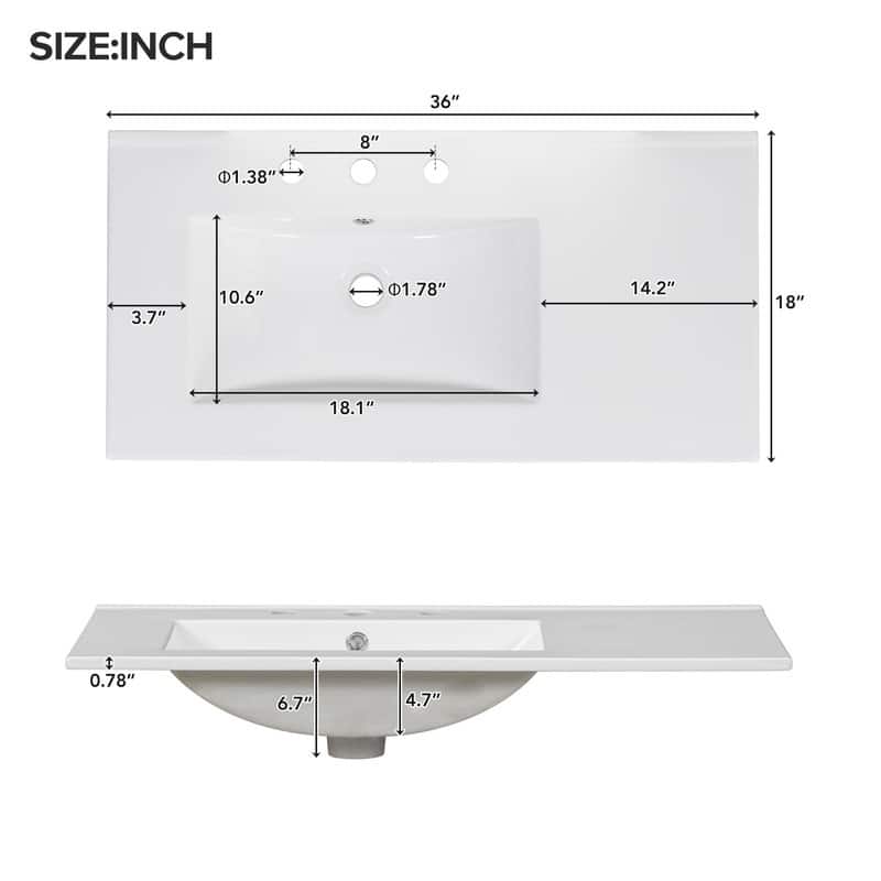 36" Bathroom Vanity with Ceramic Sink, 2 Soft close doors and 5 drawers