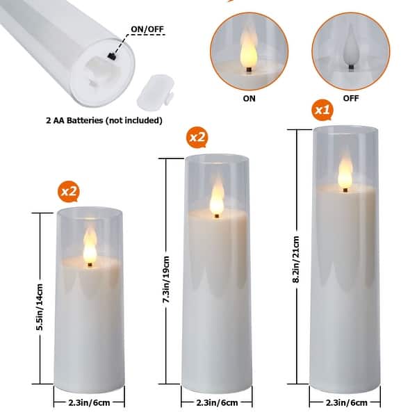 dimension image slide 2 of 3, Flickering Flameless Candles Acrylic Shell Pillar 3D Wick LED Candles with Timer for Wedding Christmas Home Decor Set of 5