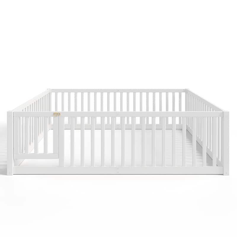 Montessori Floor Bed with Safety Guardrails & Door, Kids Low Profile Frame, Available in Queen/Full/Twin