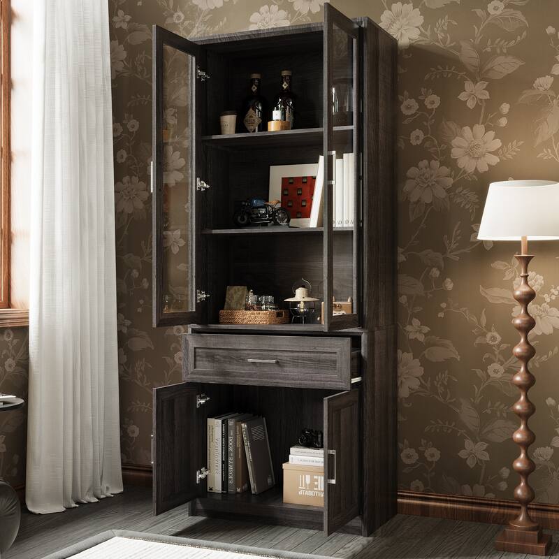 Modular Glass Door Bookcase Wall Unit with Storage Cabinets and Drawers, Dark Oak Display Hutch for Living Room or Home Office
