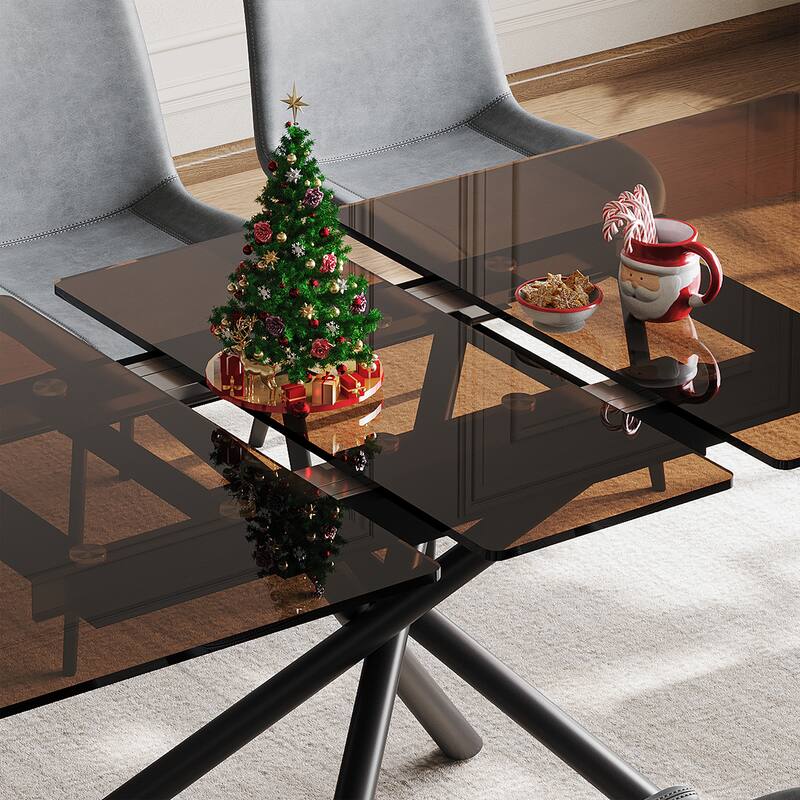 Modern Expandable Dining Table, Kitchen Table with Retractable Leaf, Office Table with Glass Top & Carbon Steel X-Base - Black