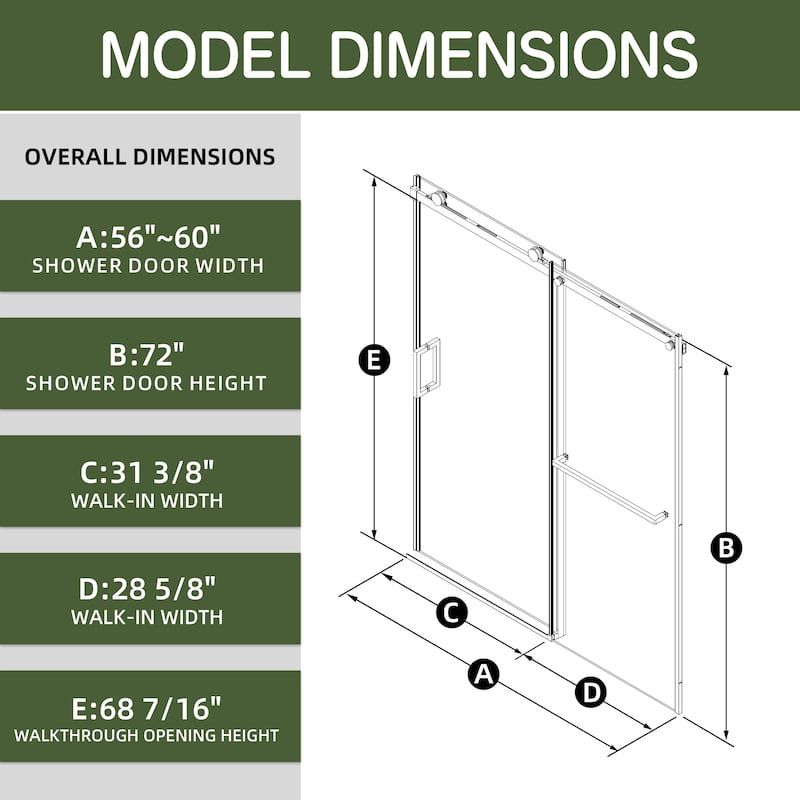 60x72 Single Sliding Shower Door, Slim Frame, 8mm Tempered Glass, Matte Black, 304 SS, 4 in Adjustable, Quiet Glide