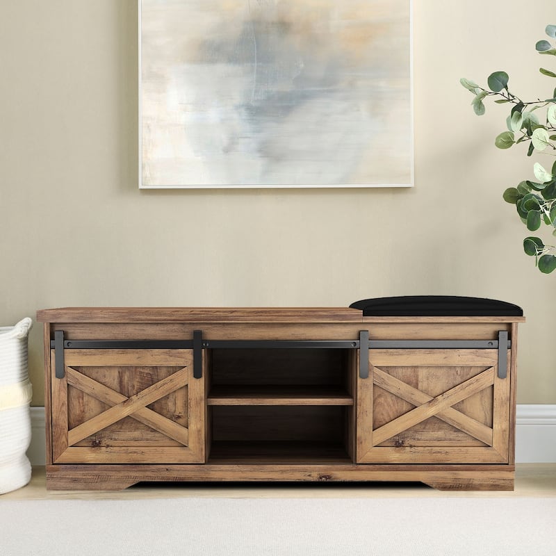 Vintage Farmhouse Style Wooden Storage Bench with Sliding Doors - Light Brown