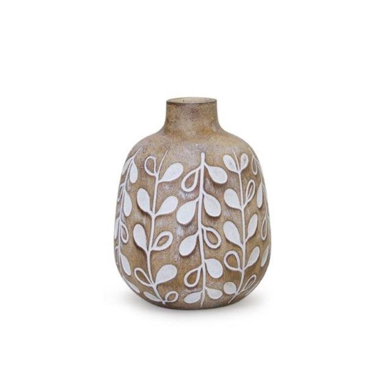 Decorative Brown White Round Vases Set of 3 with Leaf Design