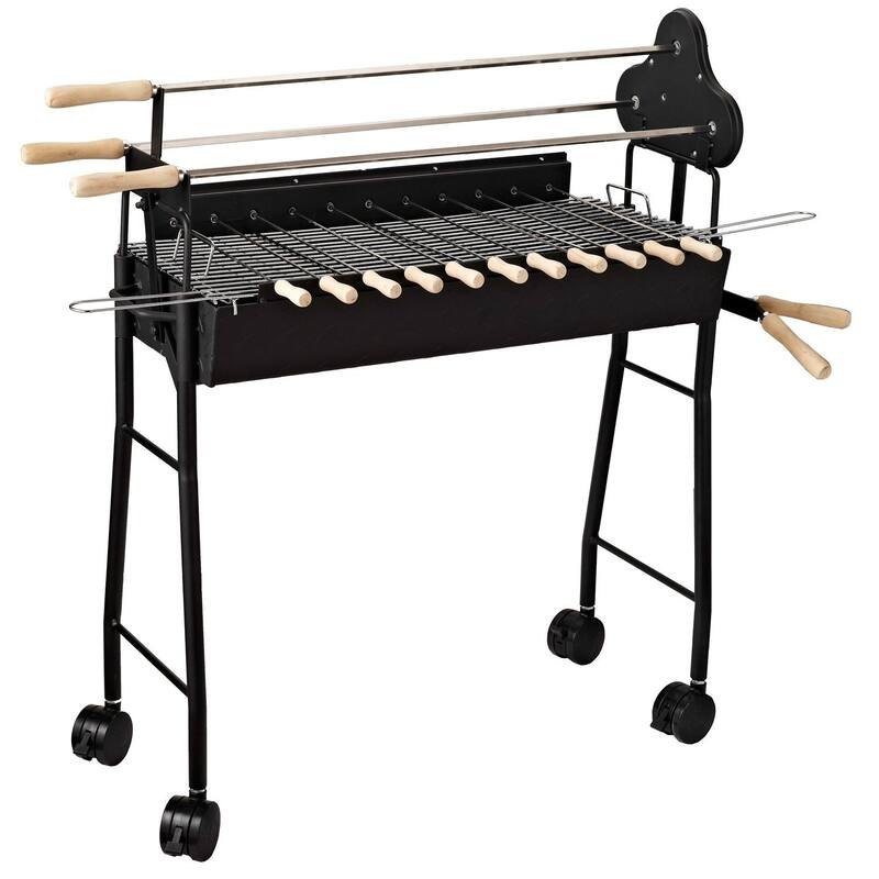 Outsunny Portable Rotisserie Charcoal BBQ Grill w/ Skewers and Wheels - 14.2" L x 33.5" W x 35.4" H