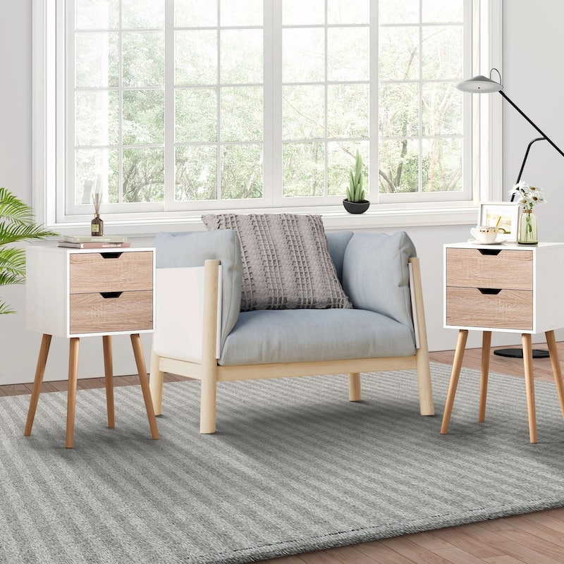 Nightstand with 2 Drawers, Solid Wood Legs, Bedside Table - Natural