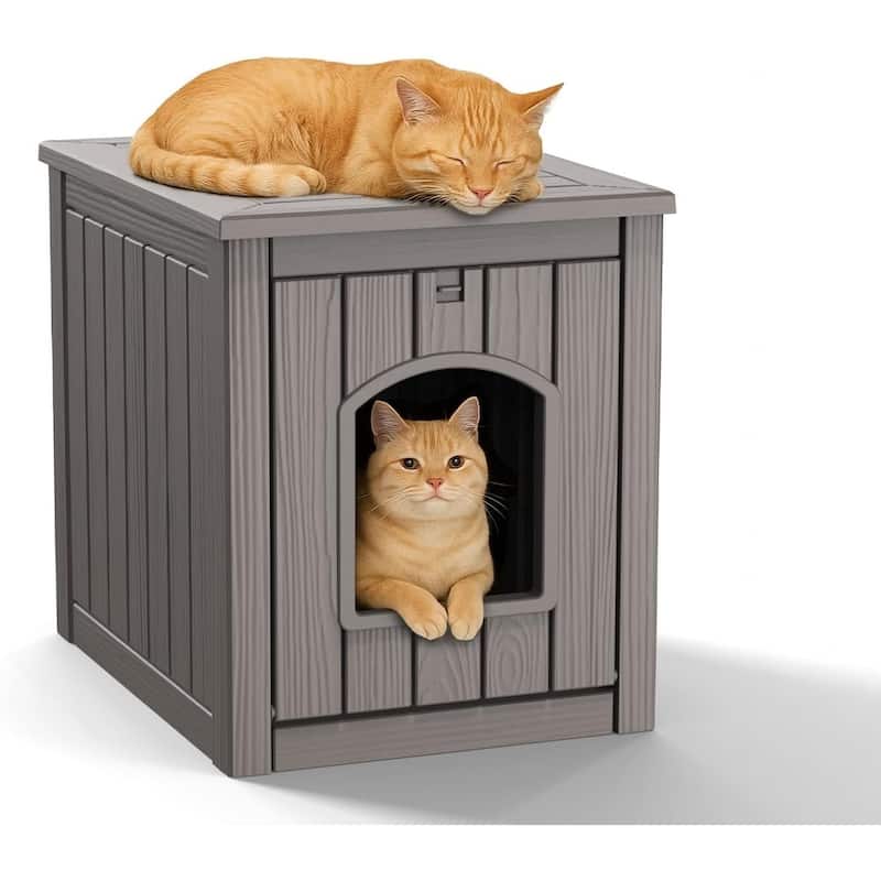 Outdoor Cat House Weatherproof, Resin Waterproof Cat Shelter for Outside, Durable Insulated Shelter for Outdoor & Indoor Cats - BROWN