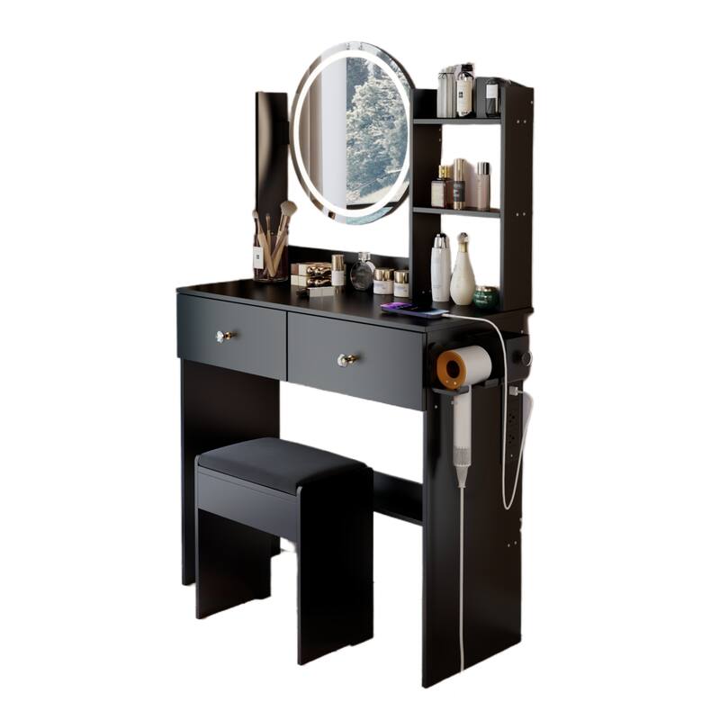 17" Vanity w/ Mirror, Stool, USB Outlets, Touch Control 3 Colors LED