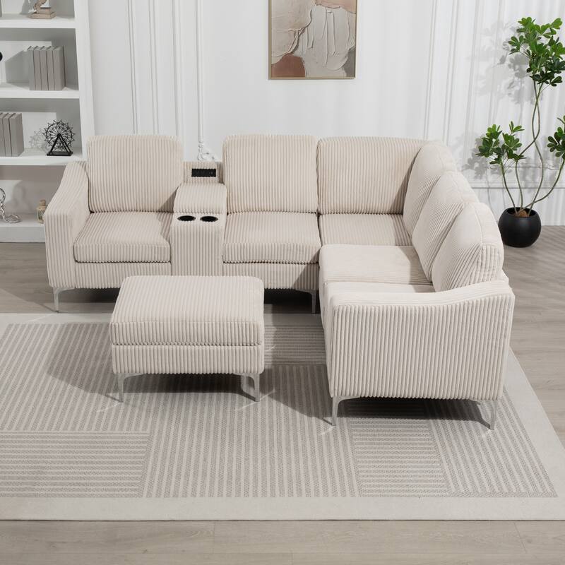 Modular L-Shaped Corduroy Sectional Sofa with USB Ports, Storage Ottoman and Cup Holders for Living Room Apartment