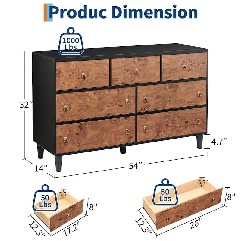 5/6/7 Drawer Dresser for Bedroom, Wood Chest with Curved Profile and Vintage Circle Handles