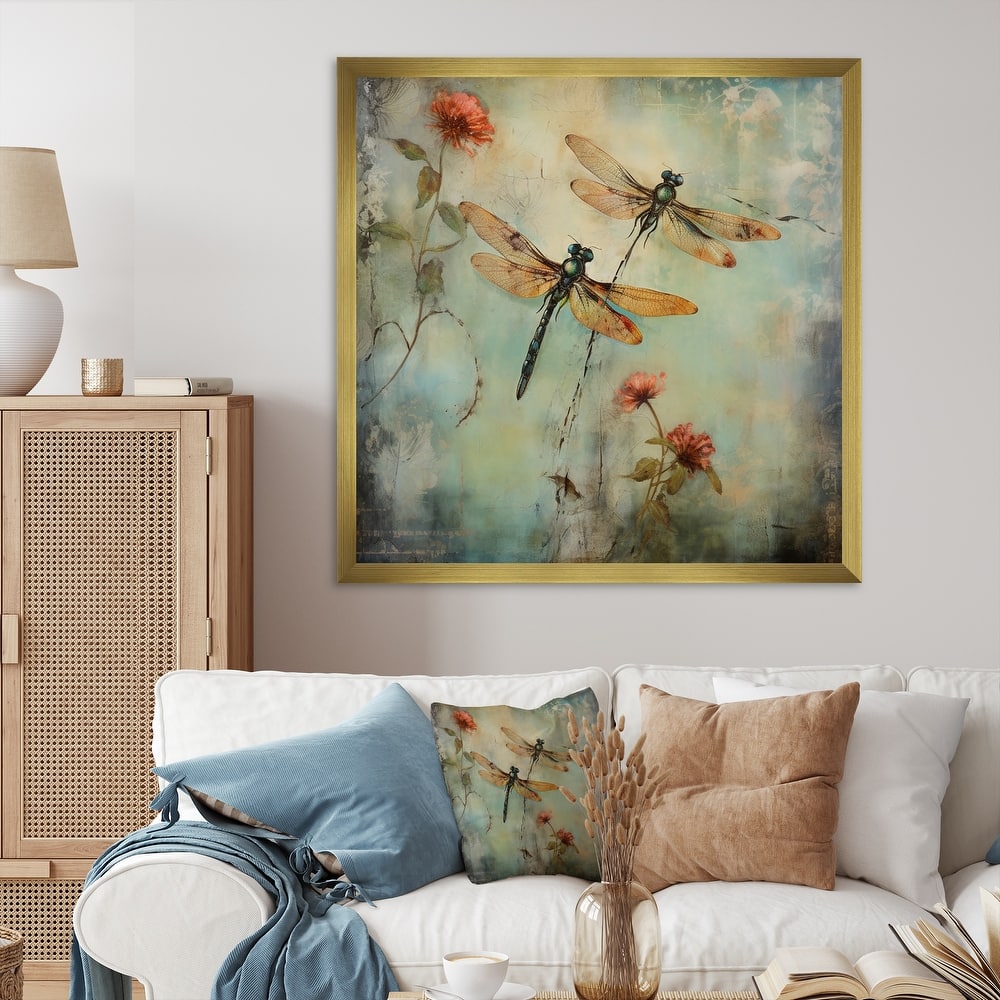 Designart "Vintage Painting Of Dragonfly Flying" Animals Dragonfly Framed Canvas Prints