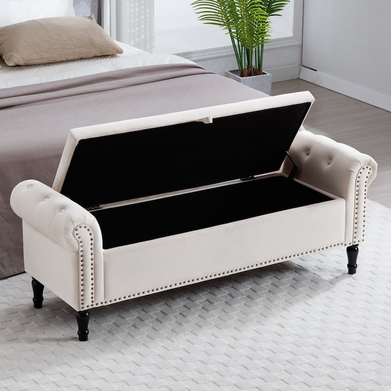 67" Velvet Tufted Storage Bench for Bedroom End of Bed with Roll Arms