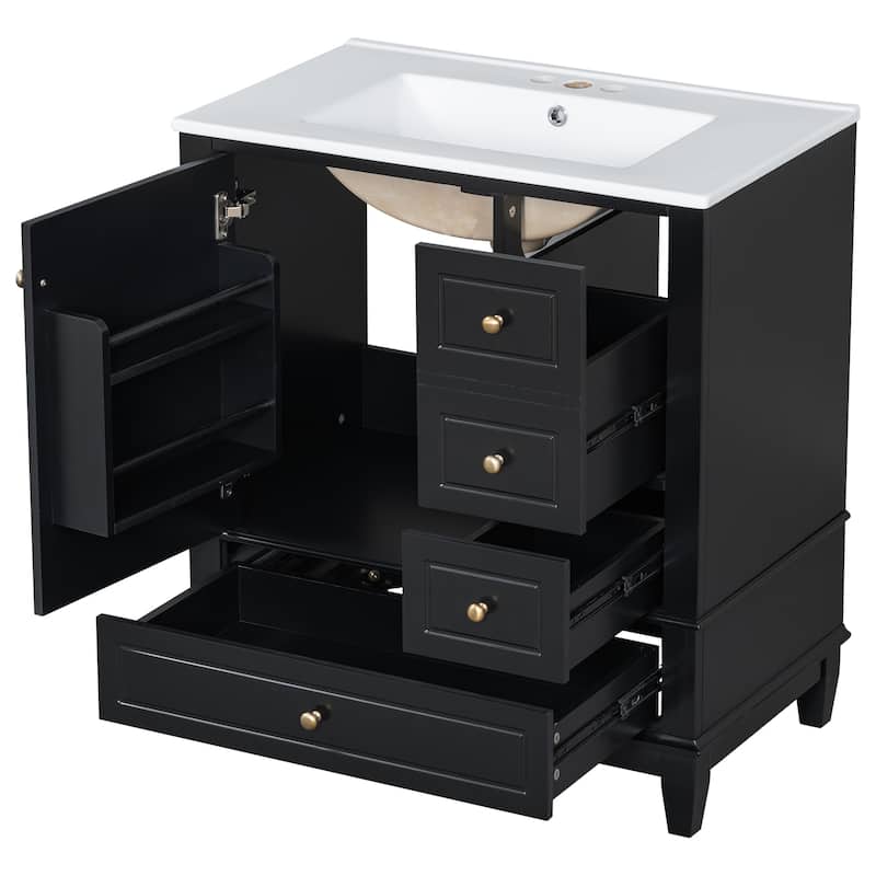 30" Bathroom Vanity With Sink, One Door With Shelf And Three Drawers, Soft Close Door