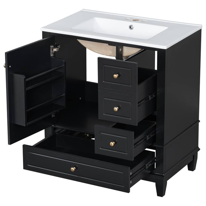 Green 30-Inch Freestanding Vanity with Ceramic Sink, 3 Drawers, Door Shelf, and Gold Knobs