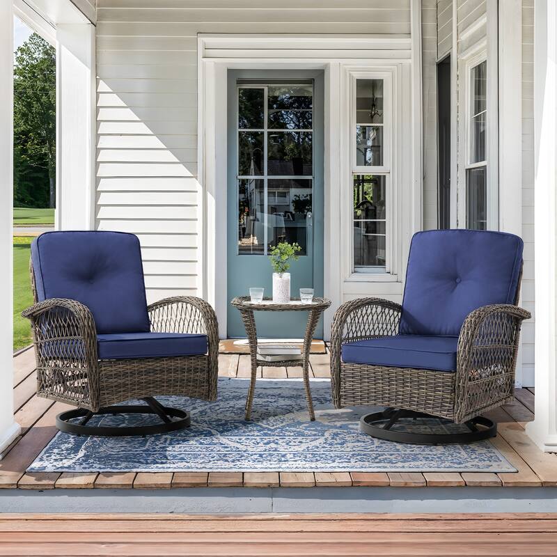 COZYMAN Outdoor Patio 3-Piece Wicker Conversation Set Swivel Rocking Chat Chairs - Blue