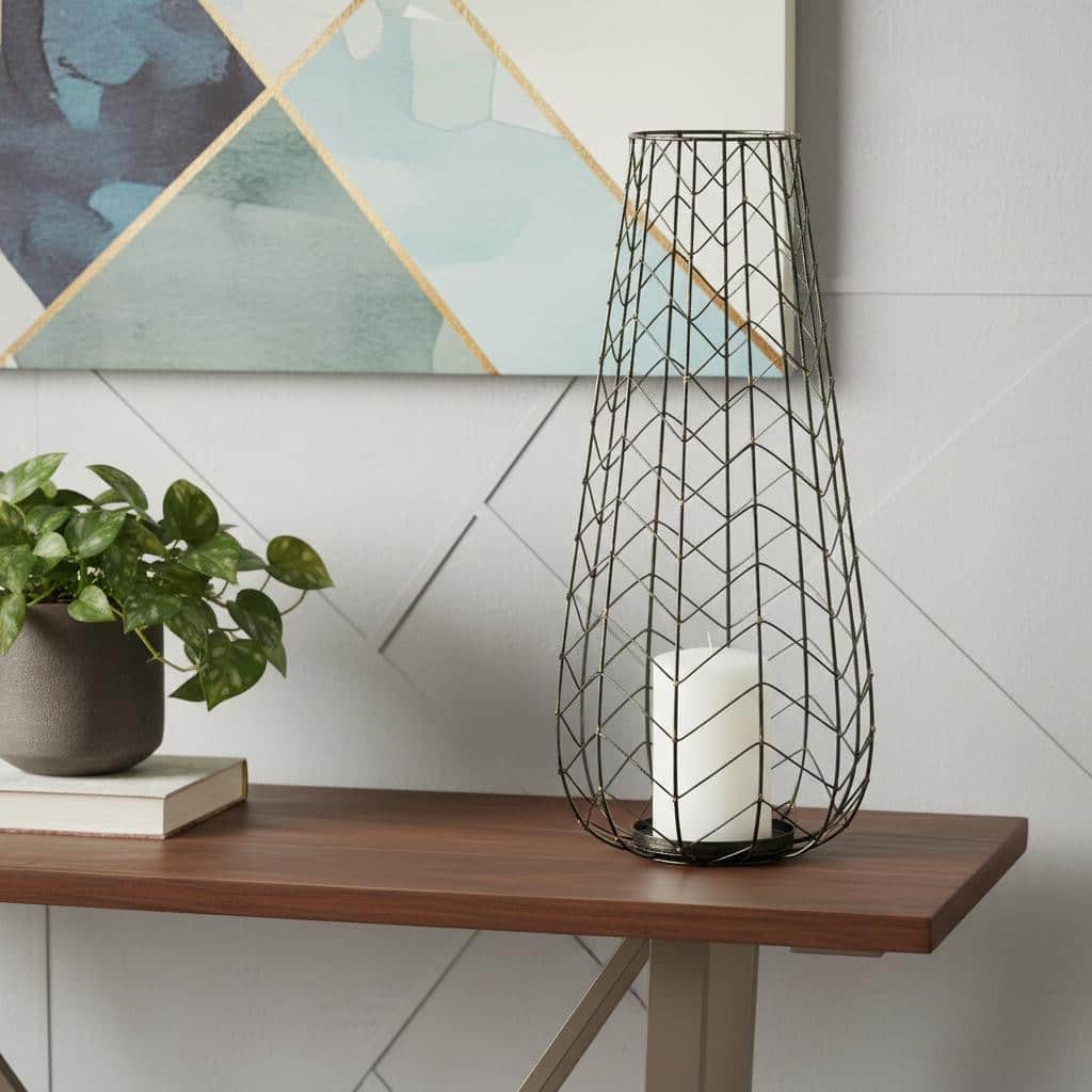 24" Gold Distressed Lattice Metal Tabletop Hurricane Candle Holder