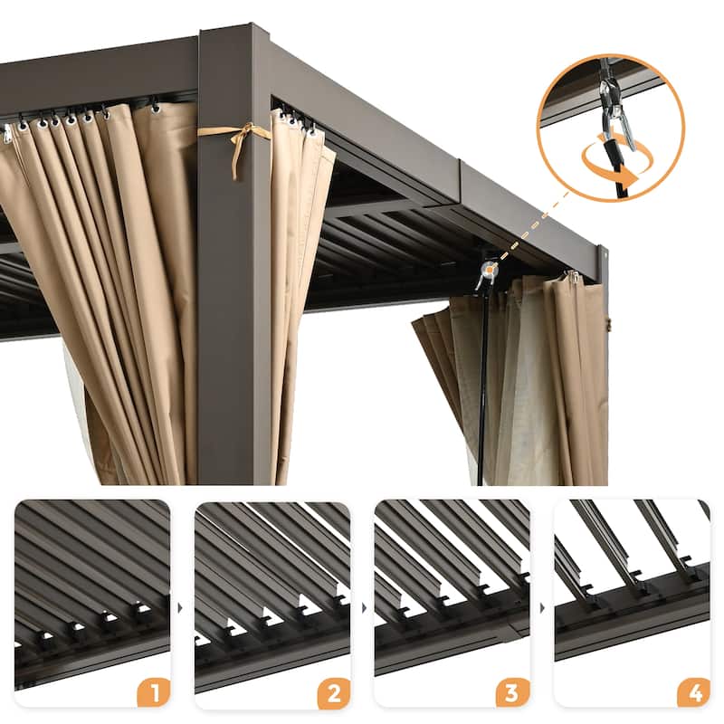 10 ft. x 13 ft. Aluminum Louvered Pergola with Adjustable Roof and Curtains