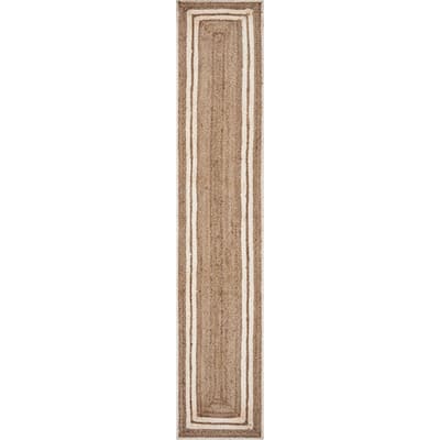 80" Tan and Ivory Hand Woven Bordered Rectangular Table Runner