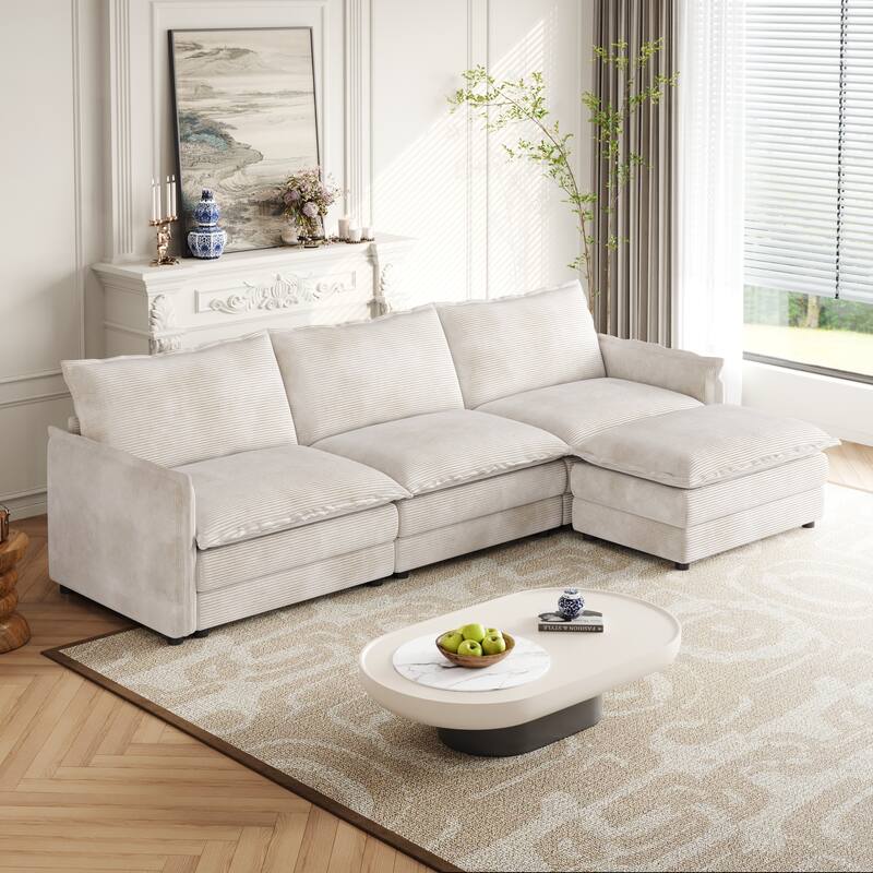 109" Corduroy 3-Seater Cloud Sectional Sofa with Movable Ottoman