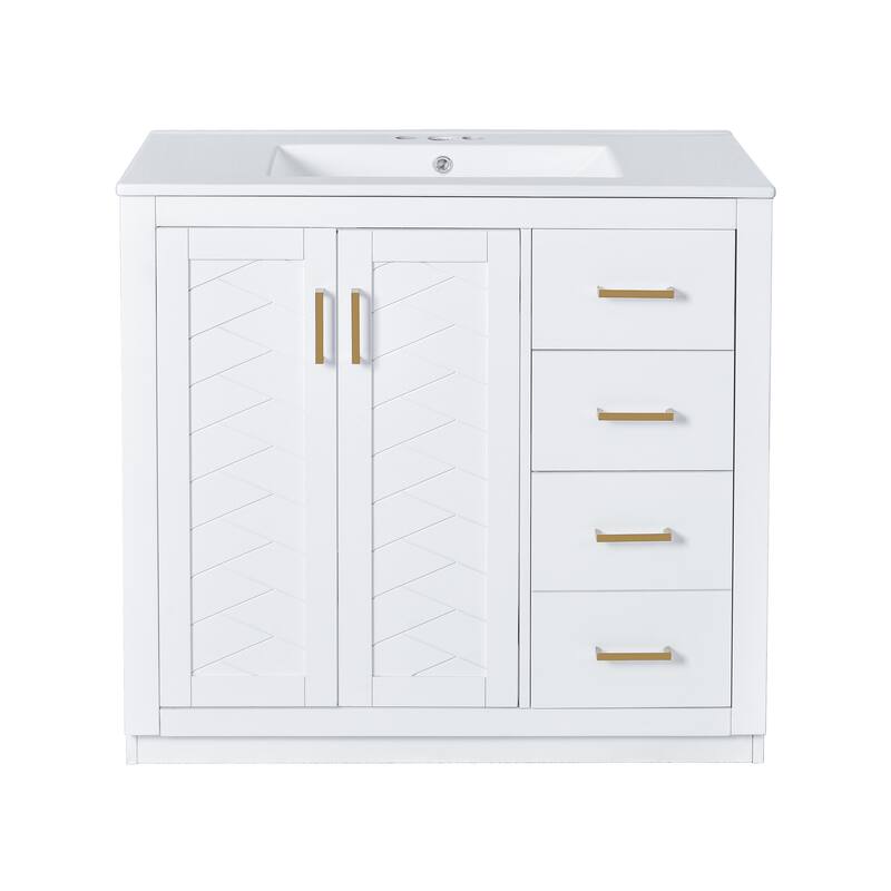 Freestanding Geometric Pattern Bathroom Vanity Solid Wood Frame Storage Cabinet with Sink, 3 Drawers and Soft Closing Doors
