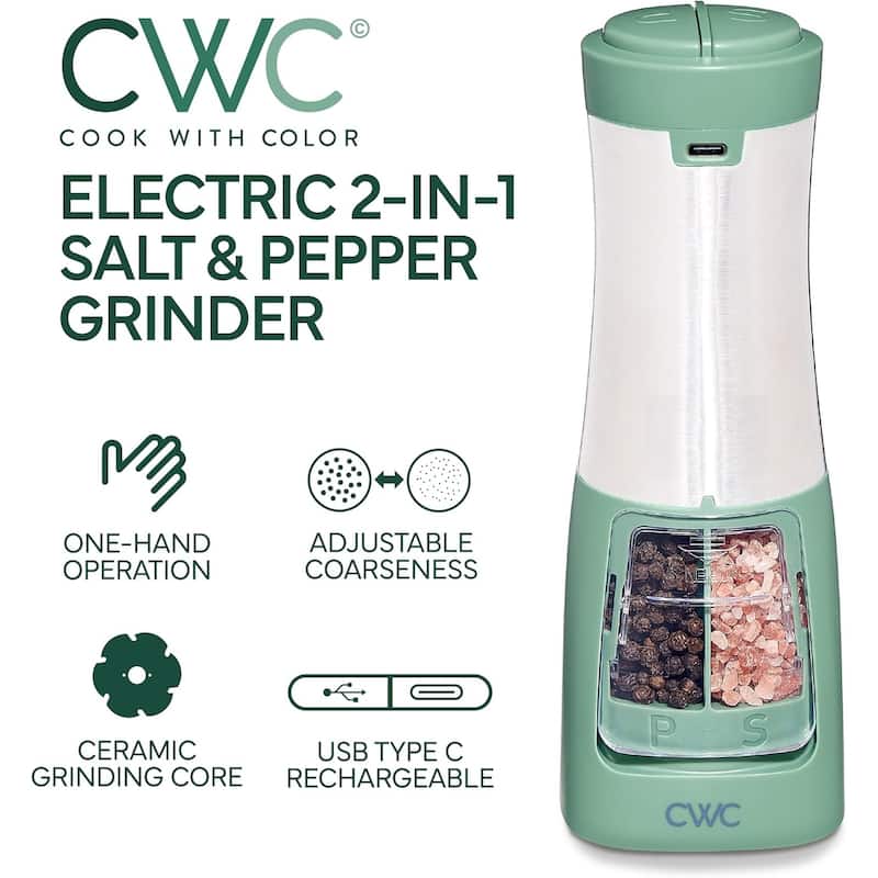 COOK WITH COLOR 2-in-1 Rechargeable Salt & Pepper Shaker - 2 Grinders for Salt and Pepper