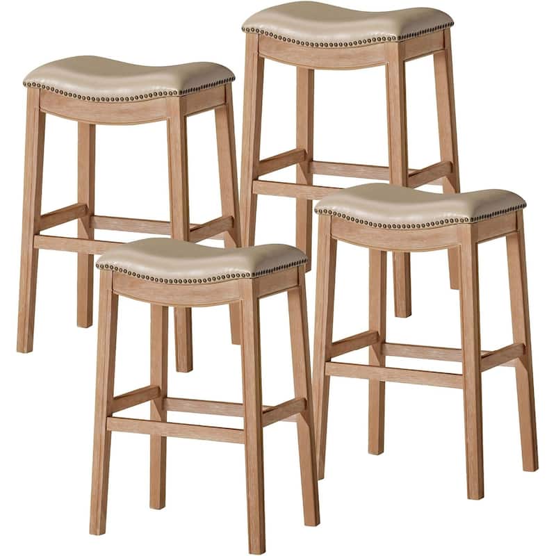 Maven Lane 31" Adrien Saddle Kitchen Bar Height Stool - N/A - Set of 4 - Weathered Oak Vegan Leather