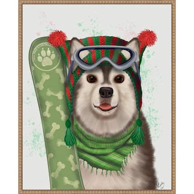 Husky Snowboard by Fab Funky (23 x 28 in.), Framed Canvas Wall Art Print - Sylvie Beaded Rustic Natural