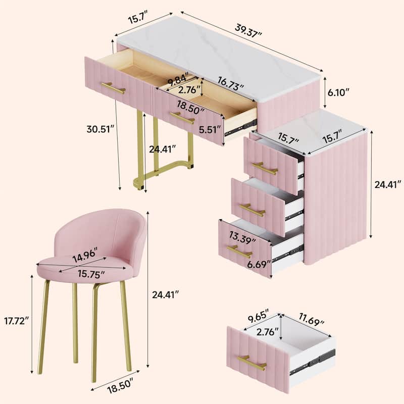 Velvet Upholstered Vanity Set with 5 Big Drawers