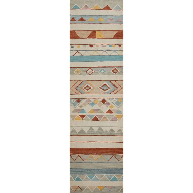 Hand Woven Oriental 100% Wool Carpet Southwestern Modern Beige & Ivories Kilim Runner Rug - 11' 9'' X 2' 6''