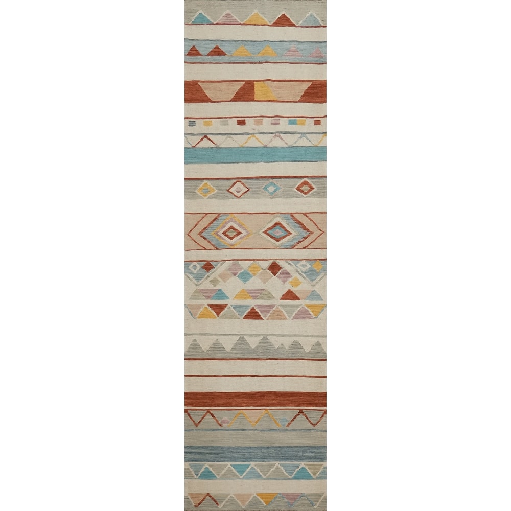 Hand Woven Oriental 100% Wool Carpet Southwestern Modern Beige & Ivories Kilim Runner Rug - 11' 9'' X 2' 6''