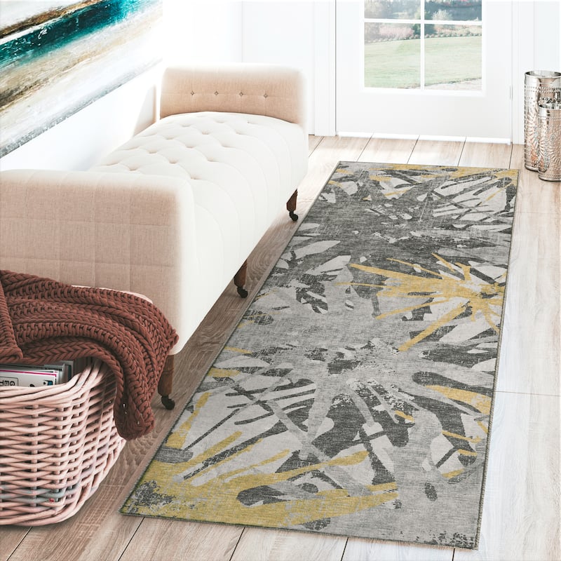 Indoor/ Outdoor Addison Bravado Abstract Starburst Washable Area Rug - 2' x 7'6" - Gilded